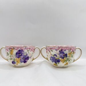 Doulton Burslem Antique Floral Tea‎ Cups Hand Painted gold guild Set of 2